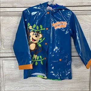 Toddler Blue Puddle Play Little Boys Monkeyin Around Waterproof Outwear Hooded Rain Coat